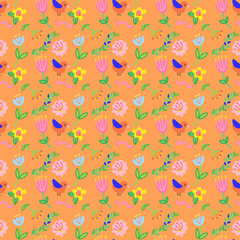 Colorful birds and flowers seamless pattern