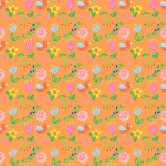 Colorful birds and flowers seamless pattern
