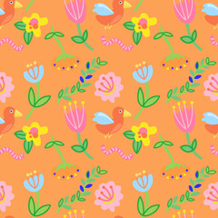 Colorful birds and flowers seamless pattern
