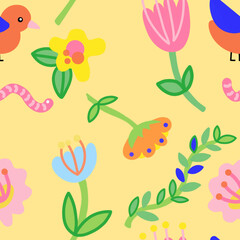 Colorful birds and flowers seamless pattern
