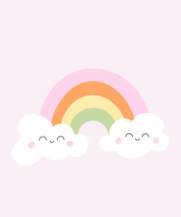 Cute Rainbow and Smiling Clouds Illustration on pastel pink background