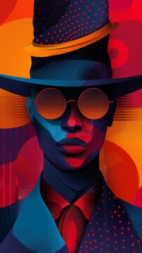 Colorful mid-century Jiangshi illustration in blush rose, fuchsia, cobalt, and brown. Flat vector design with abstract style.