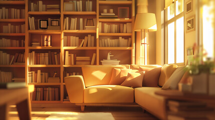 Cozy Living Room with Sunlight and Bookshelf.