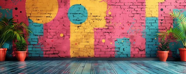 Flat illustration of a charming Roc in American mid-century style, featuring vibrant neon colors of pink, green, yellow, and peach.