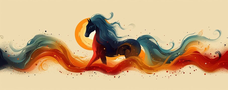 Colorful Sleipnir in mid-century style, featuring blue, green, and orange hues in a flat vector design.