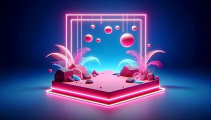 A pink square platform with glowing neon light around it, with several pink spheres suspended above it. In the background are pink and blue plant like figures. The image is perfect for showcasing 