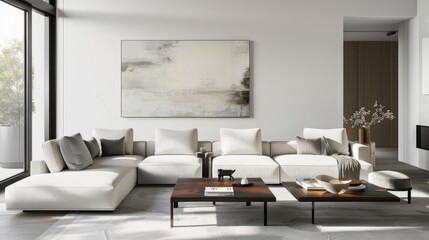 An elegant and modern living room design with a white canvas backdrop, Strategically arranged minimalist furniture, Minimalist Scandinavian style