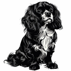 A black and white drawing of a cavalier king charles spaniel dog