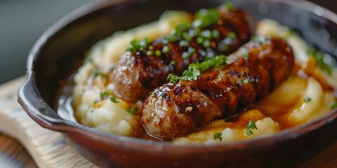 Selective focus image of British bangers and mash dish with shallow depth of field. Concept Food Photography, British Cuisine, Selective Focus, Shallow Depth of Field