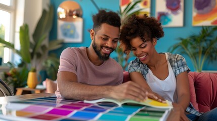 Fototapeta premium A young couple choosing paint colors for their new home
