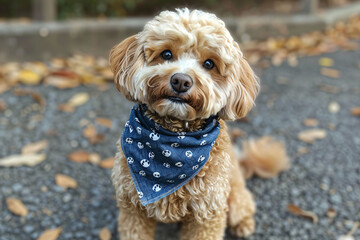 a dog with a bandana on sitting on the ground