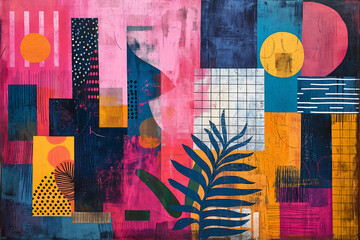 Fototapeta premium Vibrant Abstract Painted Collage of Geometric Shapes and Lush Greenery. Contemporary Seamless style Illustration. 