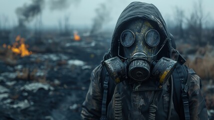 A haunting image of a man wearing a gas mask standing in a desolate, smoky landscape, symbolizing struggle, survival, and the harsh reality of a post-apocalyptic world filled with destruction.