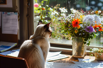 Obraz premium a cat sitting on a desk looking out a window
