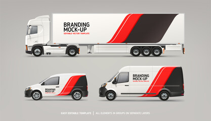 Editable vector Van, Truck mockup with branding and corporate identity decal. Abstract graphics of red and black stripes for business flyer background.  Brand identity concept © VRTX