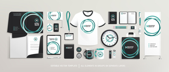 Business brand identity layout with office stationery items Mock-Up set 2. Abstract graphics design for Corporate Style Company and Brand Identity on stationery items, AD banner folder, t-shirt, bag