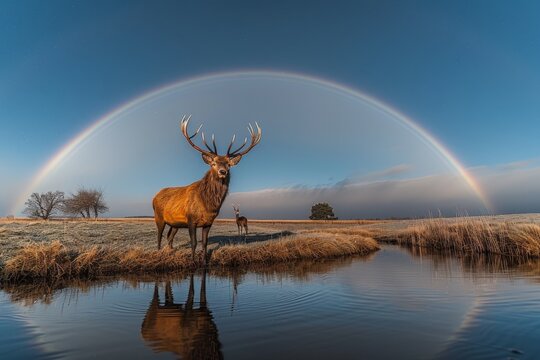 Peaceful scene moonbow arches over serene lake, lone deer sips from water's edge.