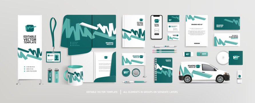 Pefect vector Brand Identity concept of stationery Mock-Up set with green abstract graphics. Corporate style layout and stationery mockup template of File folder, annual report, van car, AD banner