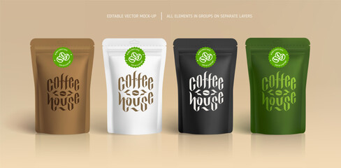 "Coffee House" zip package stand-up pouch mock-up for brand identity presentation - vector template. Coffee Shop logo concept and paper food packaging design