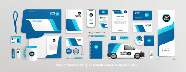 Editable vector Brand Identity concept of stationery Mock-Up set with blue abstract graphics (set 1). Corporate style on stationery mockup template of File folder, annual report, van car, AD banner