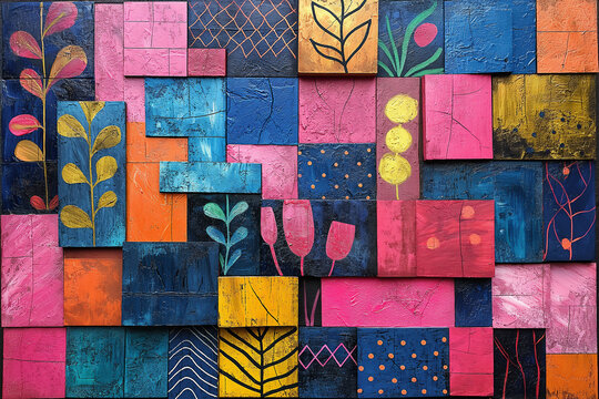 Close up of colourful Patchwork Artwork, composed of various Square and Rectangular Shapes including abstract Floral Patterns, Geometric figures and Dots. 