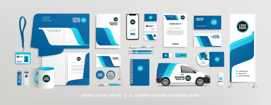 Editable vector Brand Identity concept of stationery Mock-Up set with blue abstract graphics (set 1). Corporate style on stationery mockup template of File folder, annual report, van car, AD banner