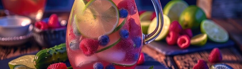 Fototapeta premium A refreshing summer drink with lemon, raspberry, and cucumber slices in a pitcher, surrounded by fresh ingredients on a wooden table.