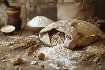 Rustic scene with a paper bag of flour, wheat grains, and wooden bowls on a wooden table, evoking a natural, organic aesthetic.