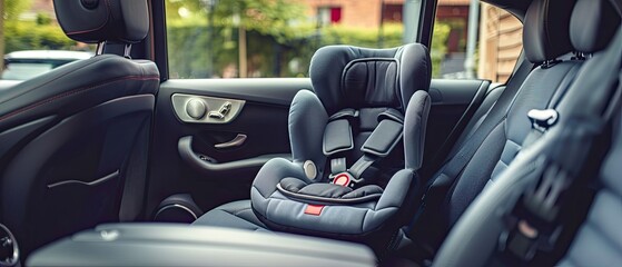Child car seat installed in the backseat of a modern vehicle, ensuring safety and comfort for young passengers during travel.