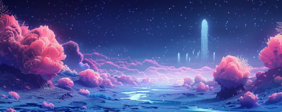 Ocean floor scene with brinicle and group of Ziz, colors of space blue, violet, candy pink, mint green.
