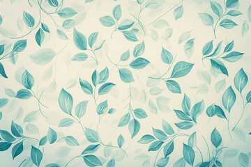 Teal leaf pattern background with botanical elements. Concept of nature and freshness.
