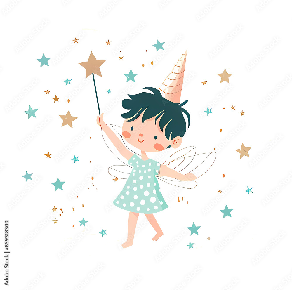 Poster Cute fairy girl with wings, baby print.Simple cartoon flat illustration on transparent background PNG