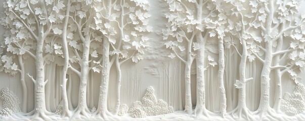 Obraz premium White paper art forest landscape with detailed trees and foliage