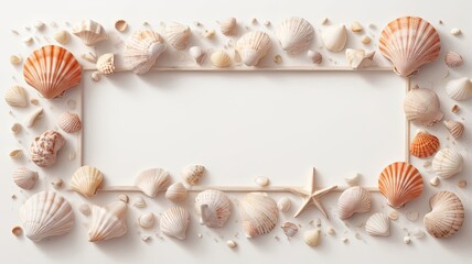 Obraz premium Simple frame of shells and starfish on beach sand on background, Ai generated