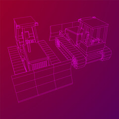 Big front-end loader bulldozer. Heavy equipment machine and manufacturing equipment for mining. Wireframe low poly mesh vector illustration.