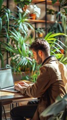 An entrepreneur sending emails from a modern workspace