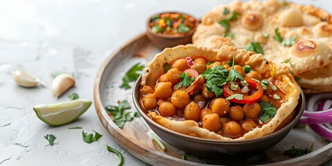 Delicious Indian Chole Bhature Spicy Chickpeas and Fried Bread on a White Background. Concept Food Photography, Indian Cuisine, Spicy Chickpeas, Fried Bread, White Background