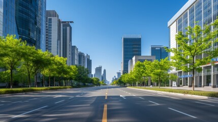 Fototapeta premium Empty City Street With Skyscrapers and Trees on a Sunny Day