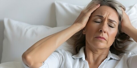 Fototapeta premium Woman experiencing night sweats during menopause dealing with hot flashes in bed. Concept Menopause Symptoms, Night Sweats, Hot Flashes, Menopause Support, Women's Health