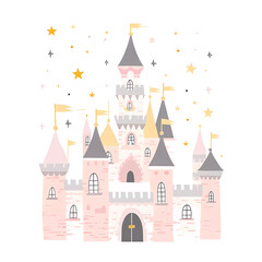 Naklejka premium Cute fairy tale princess castle, baby print.Simple cartoon flat illustration on transparent background PNG