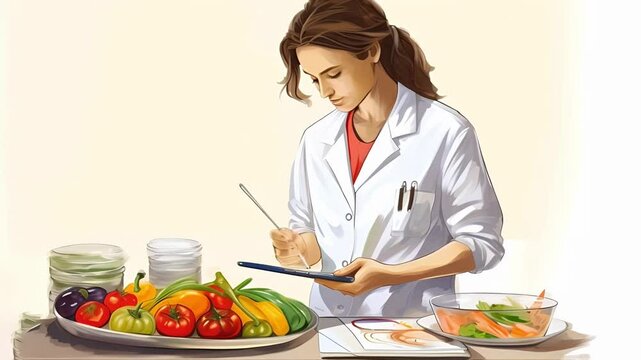 A female doctor dietitian compiles a healthy and balanced diet from organic food for her patient	
