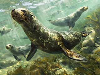 Fototapeta premium Brinicle descending into the sea, surrounded by curious Sea Lions.