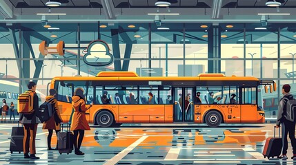 Airport shuttle bus with passengers in a detailed illustration style and clear content areas