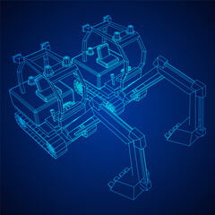 Heavy equipment excavator machine manufacturing power equipment for open pit mining. Wireframe low poly mesh vector illustration