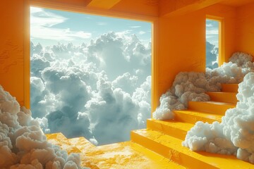 Whimsical white clouds against bright yellow backdrop, simple and elegant, creating an airy and surreal atmosphere.