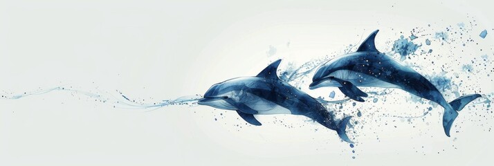 Horizontal banner. World Whale and Dolphin Day. Watercolor illustration. Two dolphins swims in the sea, white background. Marine animal protection concept. Free space for text