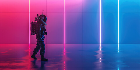 Fototapeta premium Spaceman on a colorful background with lights. space for copy. Sci-Fi futuristic background. Created with Generative AI technology.