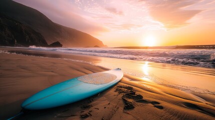 Surfboard on the Beach at Sunset