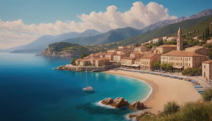 Fototapeta premium A picturesque Mediterranean village with a sandy beach, calm blue waters, and traditional houses set against a mountain backdrop