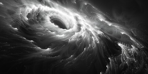 A captivating monochromatic vortex swirls with dynamic fluidity and depth, emanating chaotic energy.